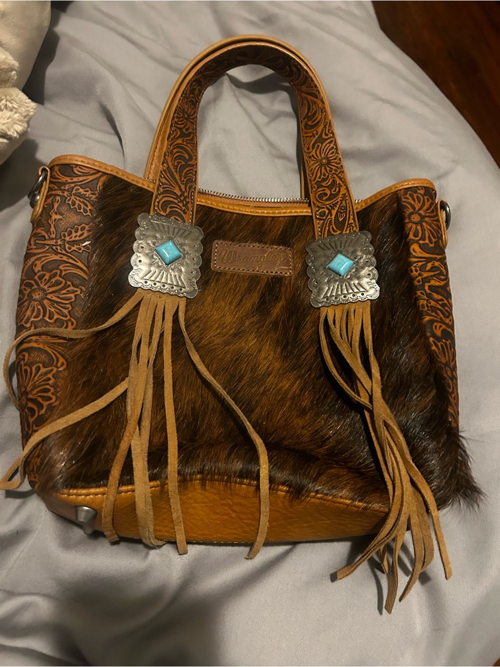 Wrangler Brown Hair-On Leather Fringe Satchel with Turquoise Conchos